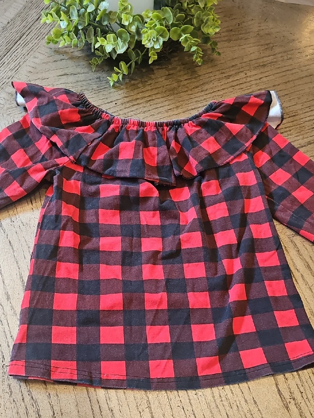 Girls' Red & Black Buffalo Plaid Ruffle Neck Top Size 16